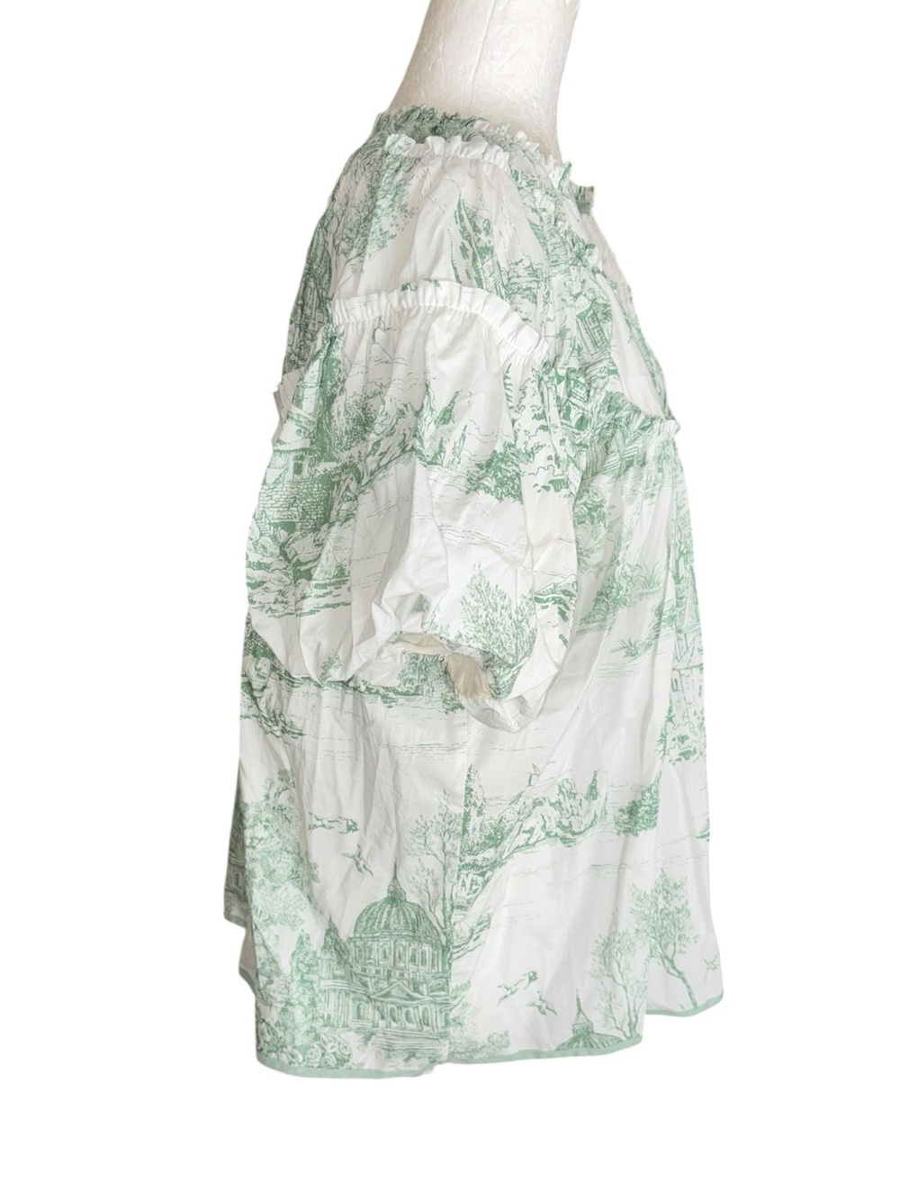 LN Umgee Green White Toile Print Puff Sleeve Poplin Blouse in Sea Green - S - Picture 6 of 13